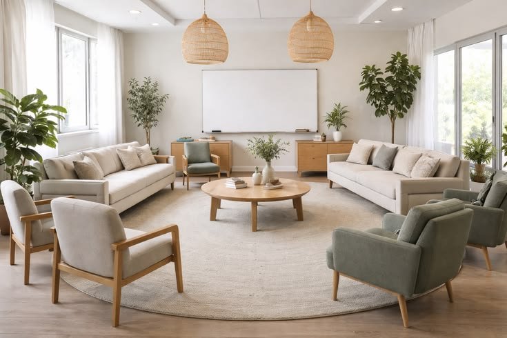 A calm welcoming therapy room with natural light